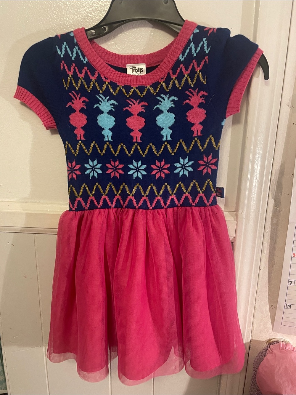 Trolls Navy & Hot Pink Knit Pineapple Pattern Dress